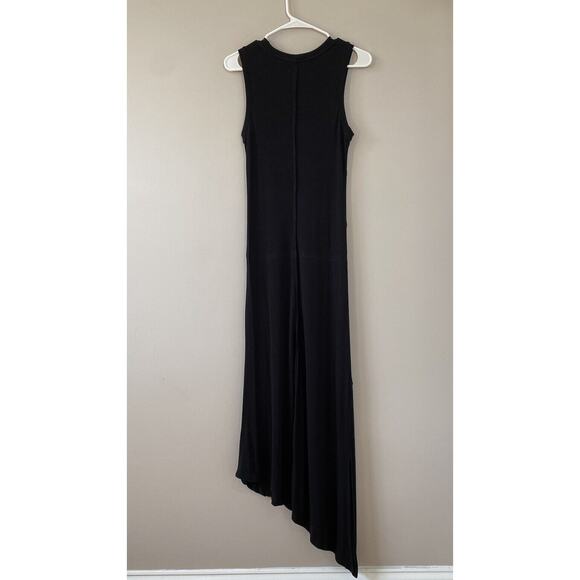 Greige Ribbed Minimalist Black Sleeveless Midi Dress Raw Edge Diagonal Hem LARGE - Picture 8 of 12